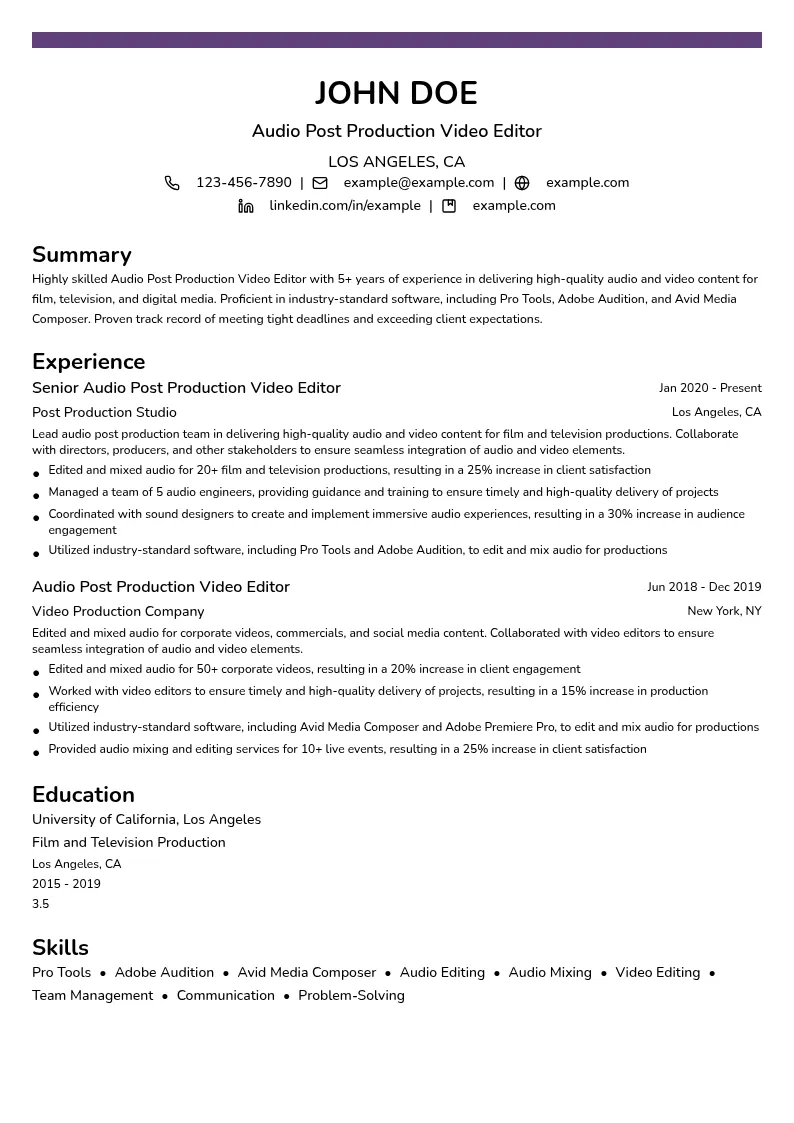 Audio Post Production Video Editor resume example