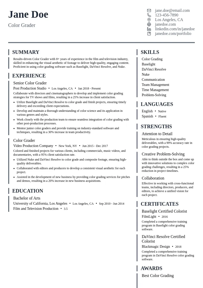 Color Grader resume example
