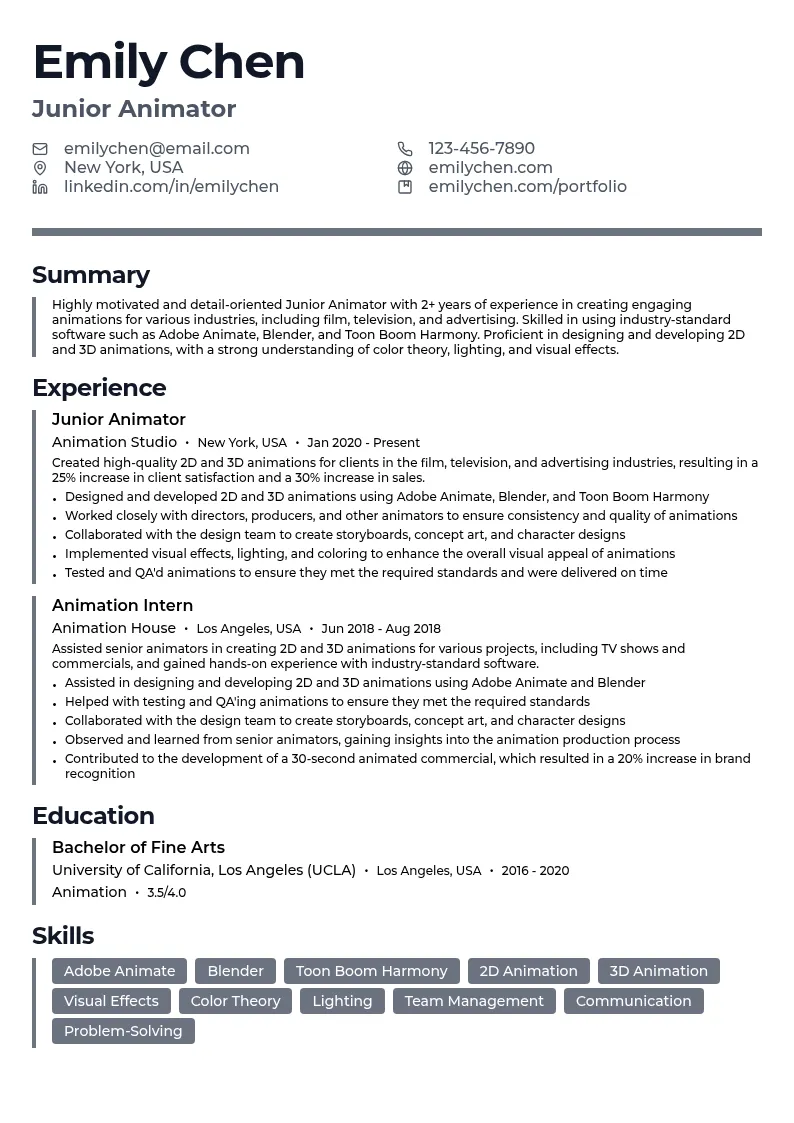 Junior Animator resume example