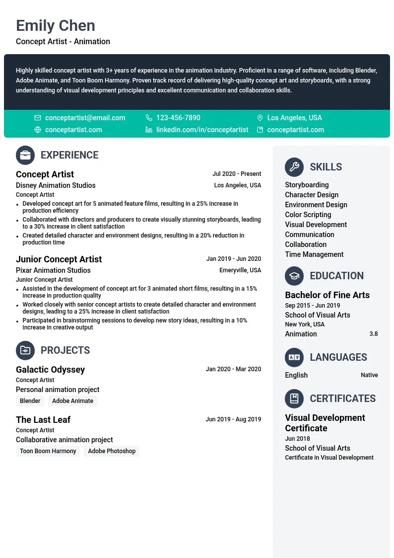 Concept Artist - Animation resume example