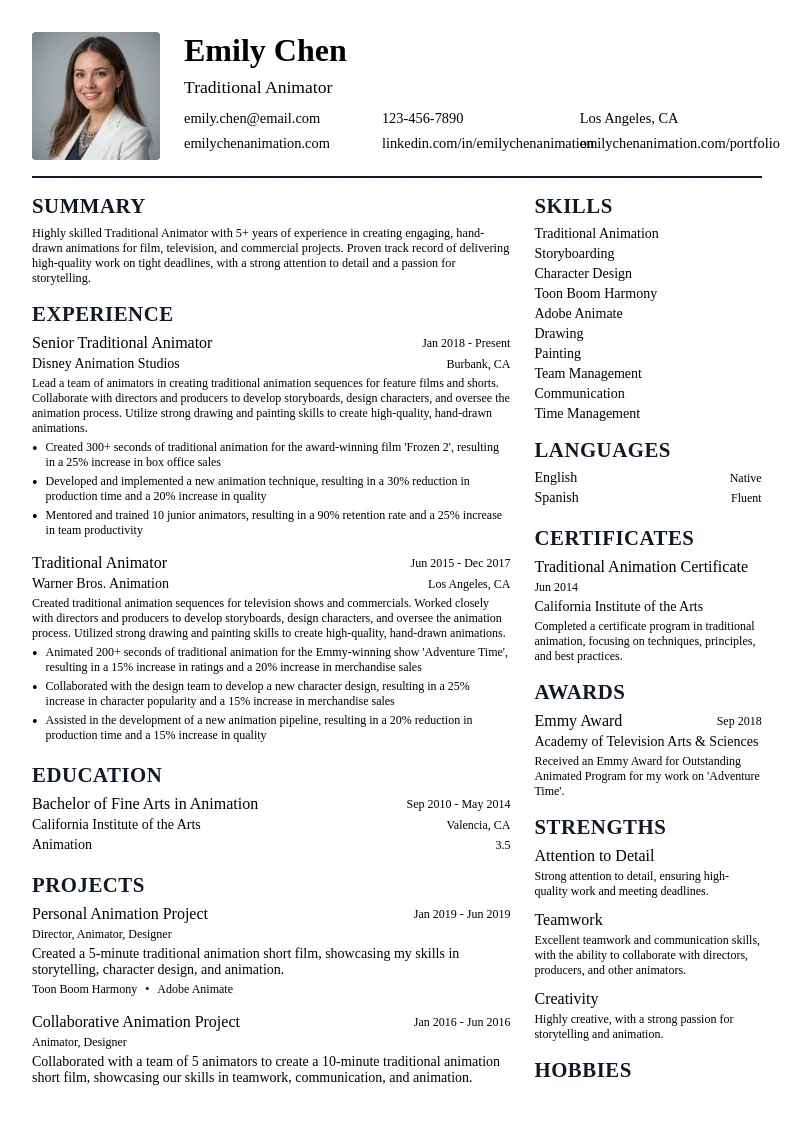 Traditional Animator resume example