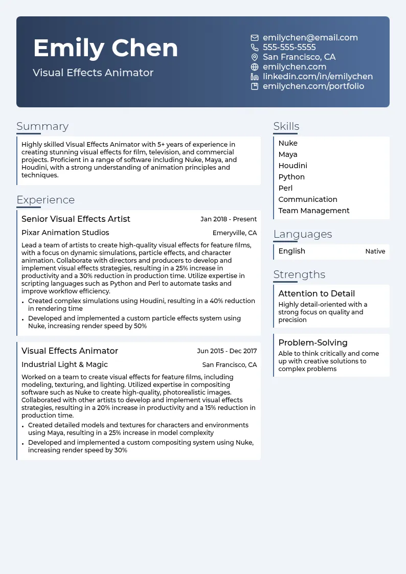 Visual Effects Animator resume example