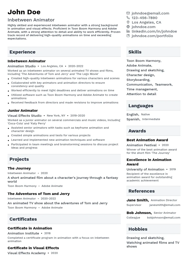 Inbetween Animator resume example