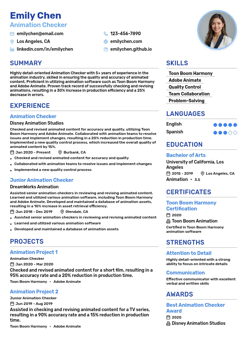 Animation Checker resume example