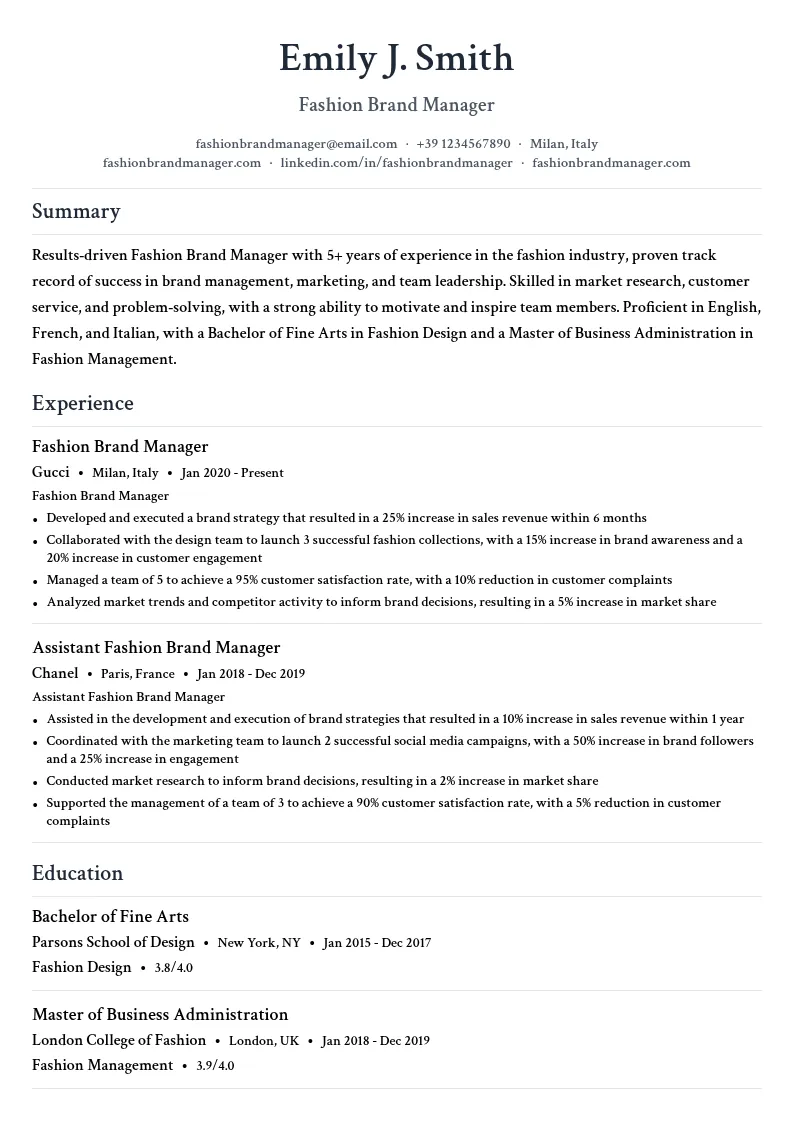 Fashion Brand Manager resume example
