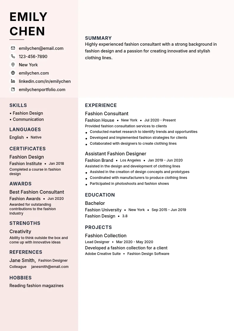 Fashion Consultant resume example