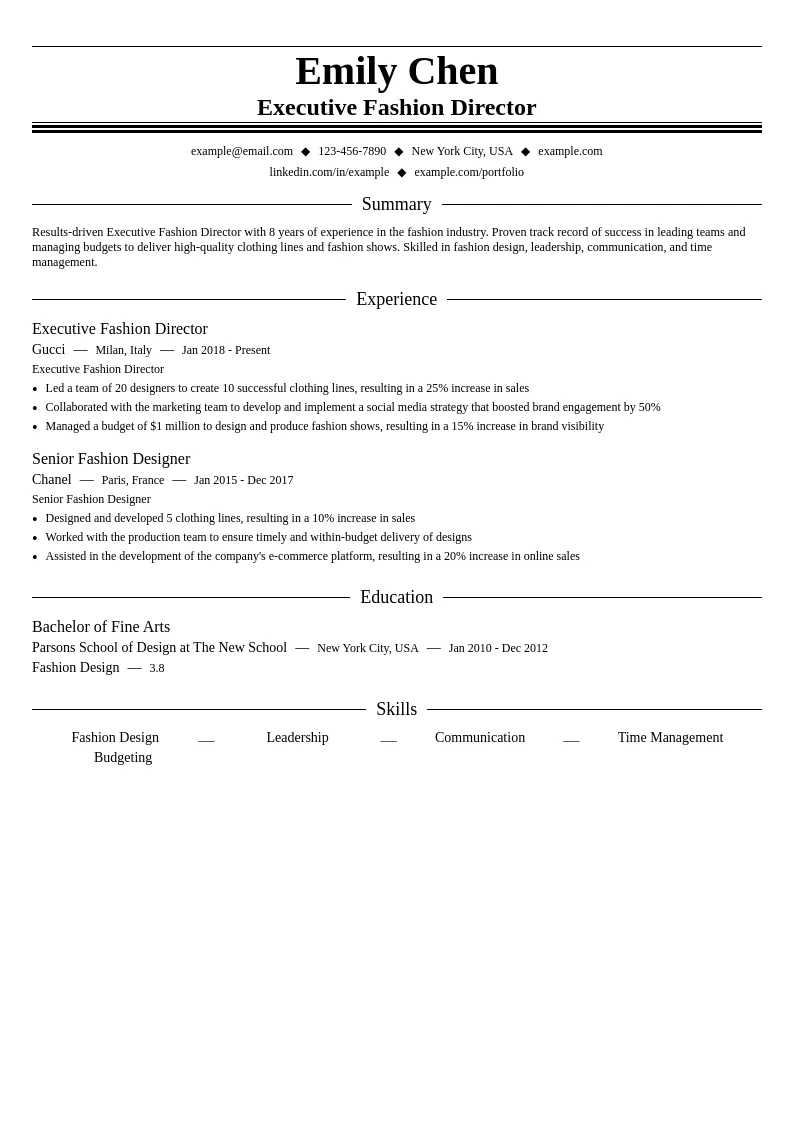 Executive Fashion Director resume example