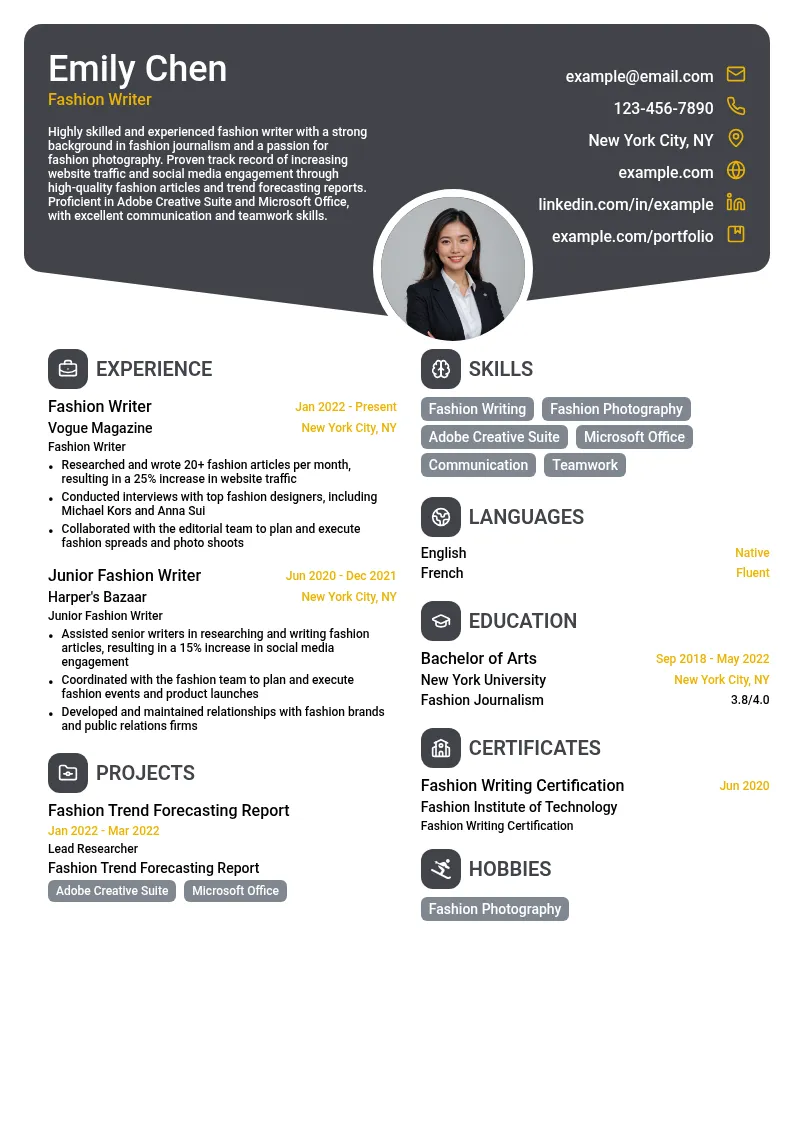 Fashion Writer resume example
