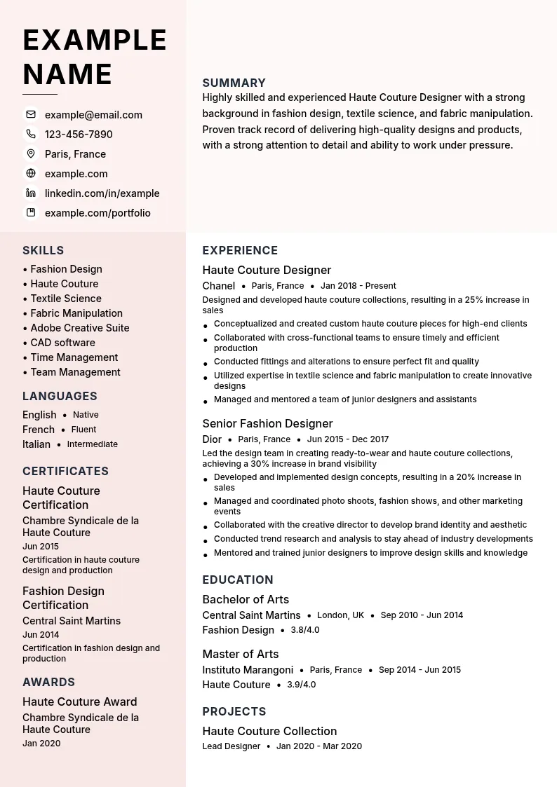 Haute Couture Designer resume example
