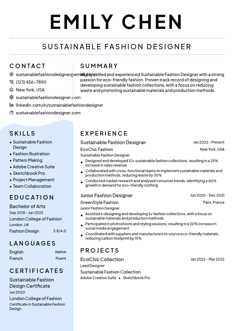 Sustainable Fashion Designer resume example