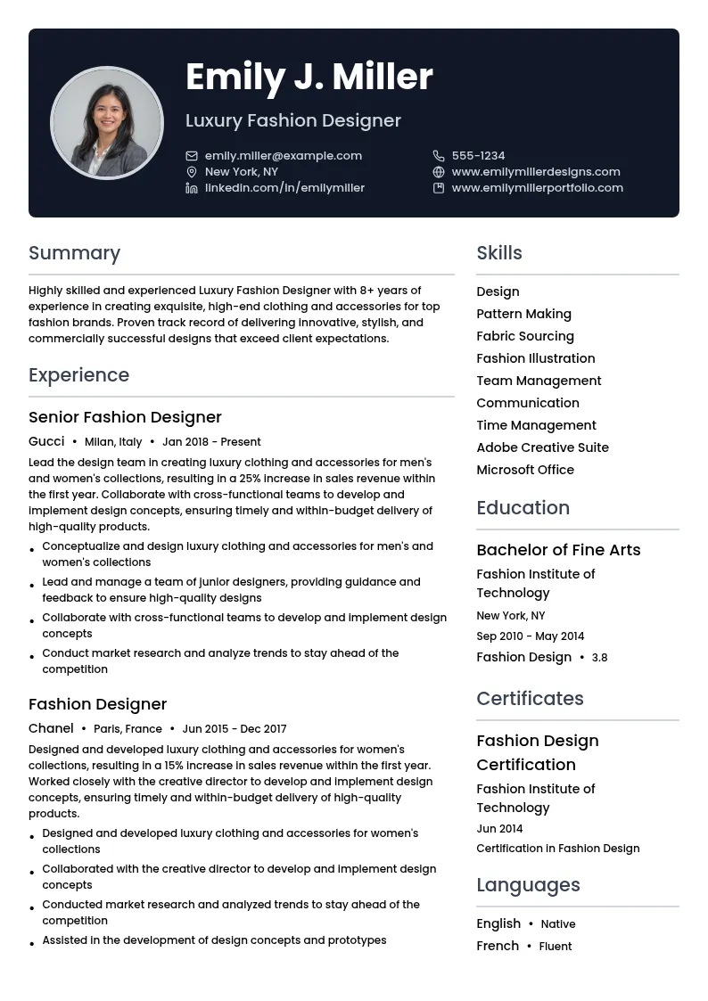 Luxury Fashion Designer resume example