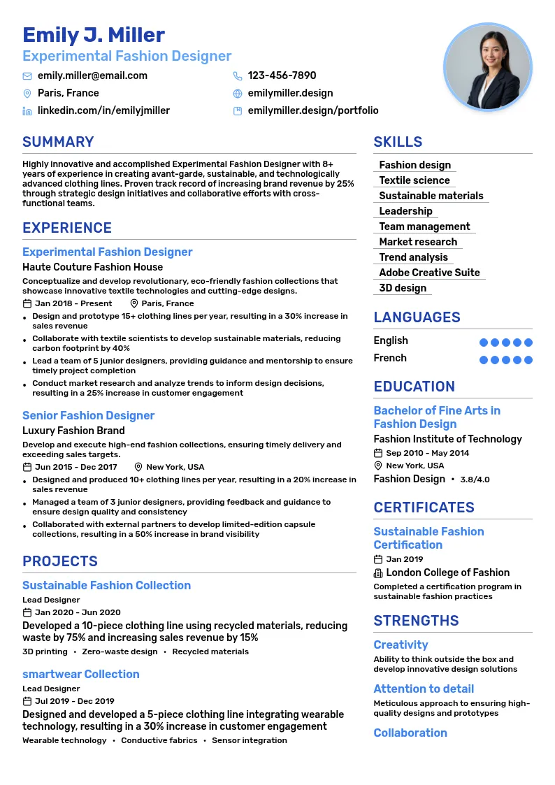 Experimental Fashion Designer resume example