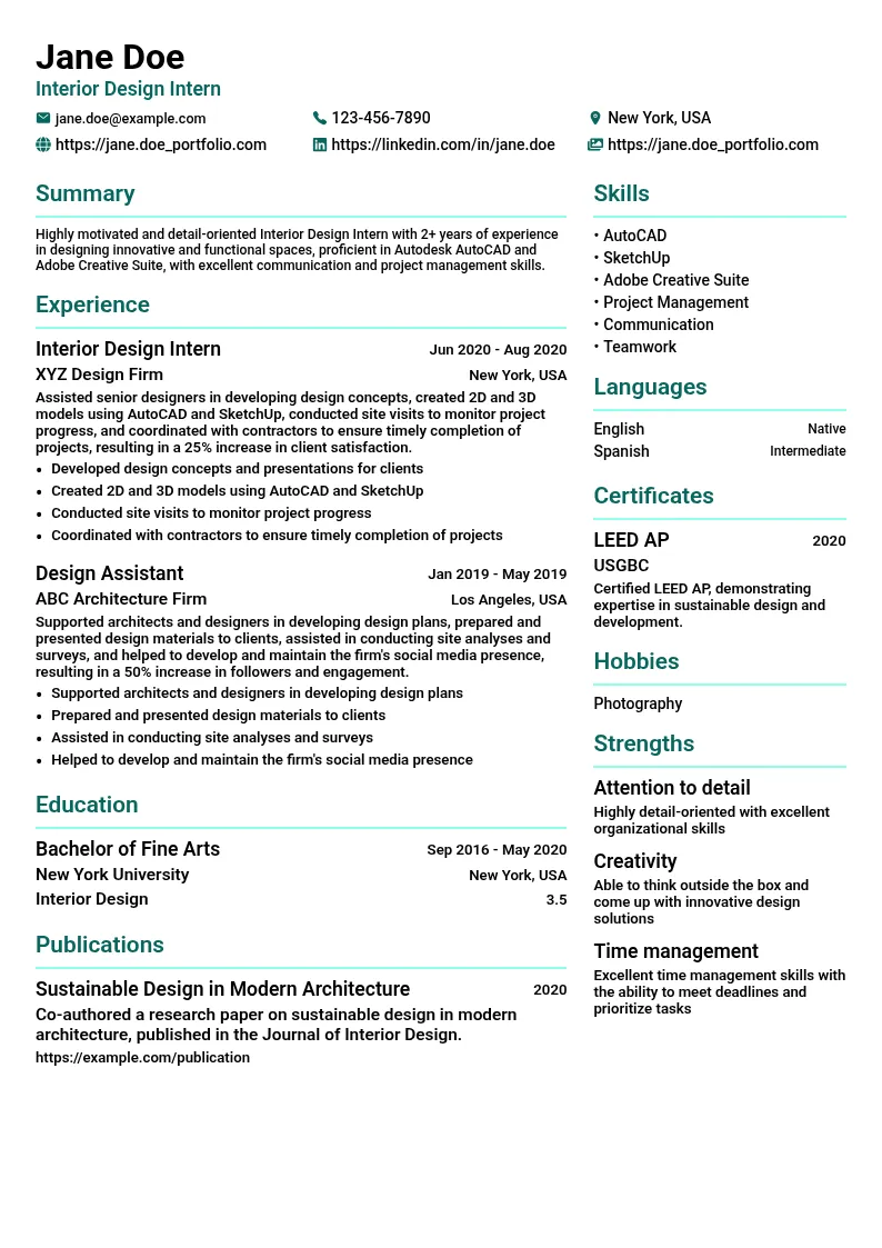 Interior Design Intern resume example