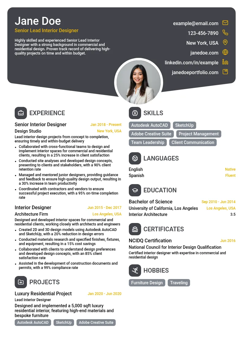 Senior Lead Interior Designer resume example