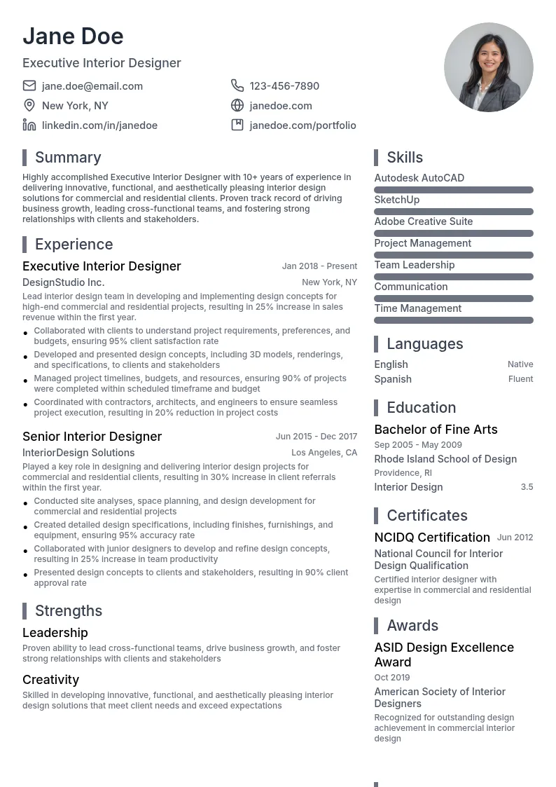 Executive Interior Designer resume example