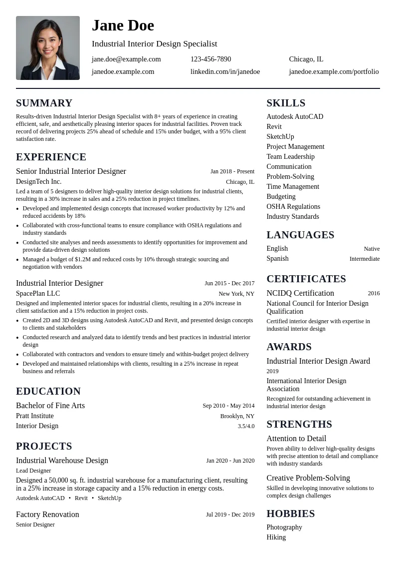 Industrial Interior Design Specialist resume example