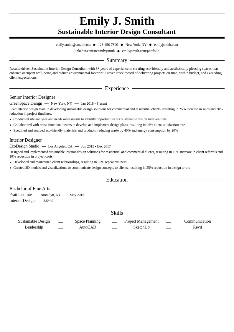 Sustainable Interior Design Consultant resume example