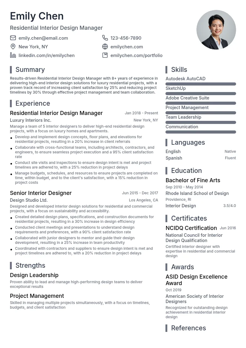 Residential Interior Design Manager resume example