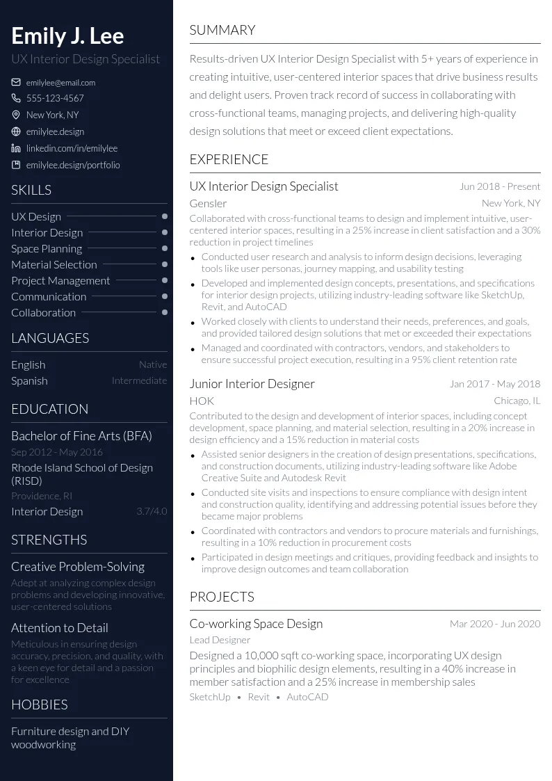 UX Interior Design Specialist resume example