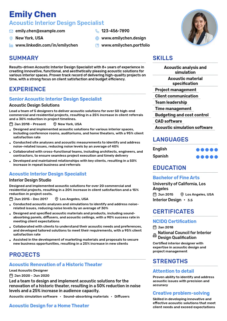 Acoustic Interior Design Specialist resume example