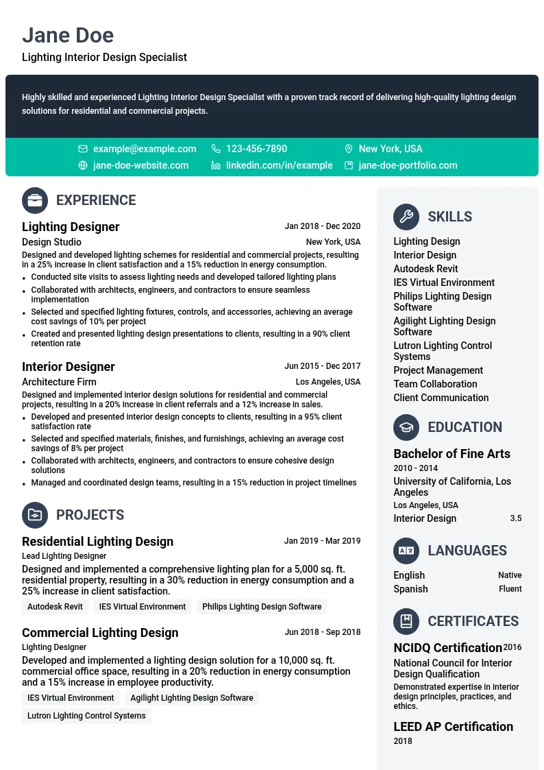 Lighting Interior Design Specialist resume example