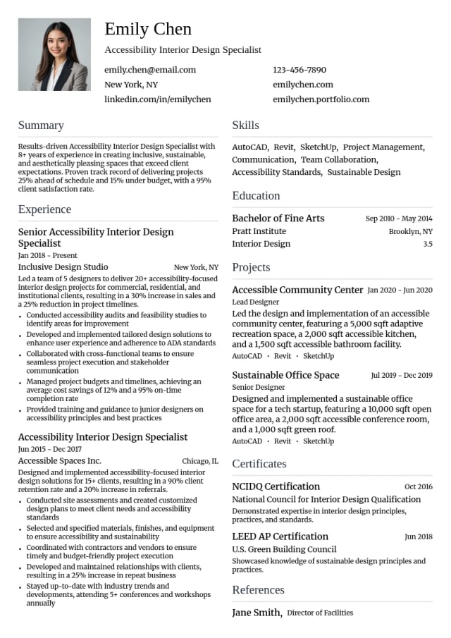Accessibility Interior Design Specialist resume example