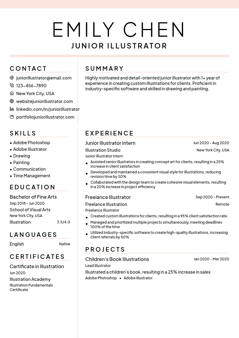  Junior Illustrator (0-2 years of experience, assist senior illustrators)  resume example