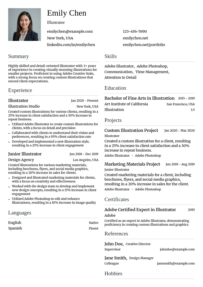  Illustrator (2-5 years of experience, work on smaller projects)  resume example