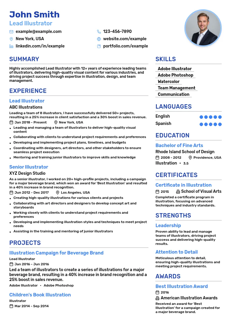  Lead Illustrator (10+ years of experience, lead illustration teams)  resume example