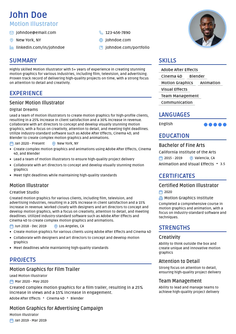  Motion Illustrator (create motion graphics)  resume example