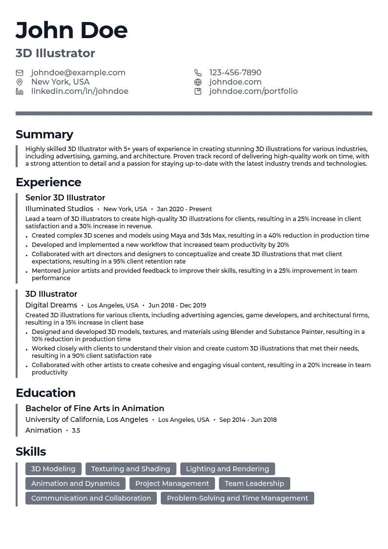  3D Illustrator (create 3D illustrations)  resume example