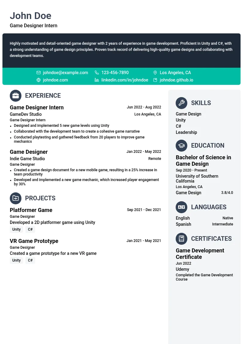 Game Designer Intern resume example