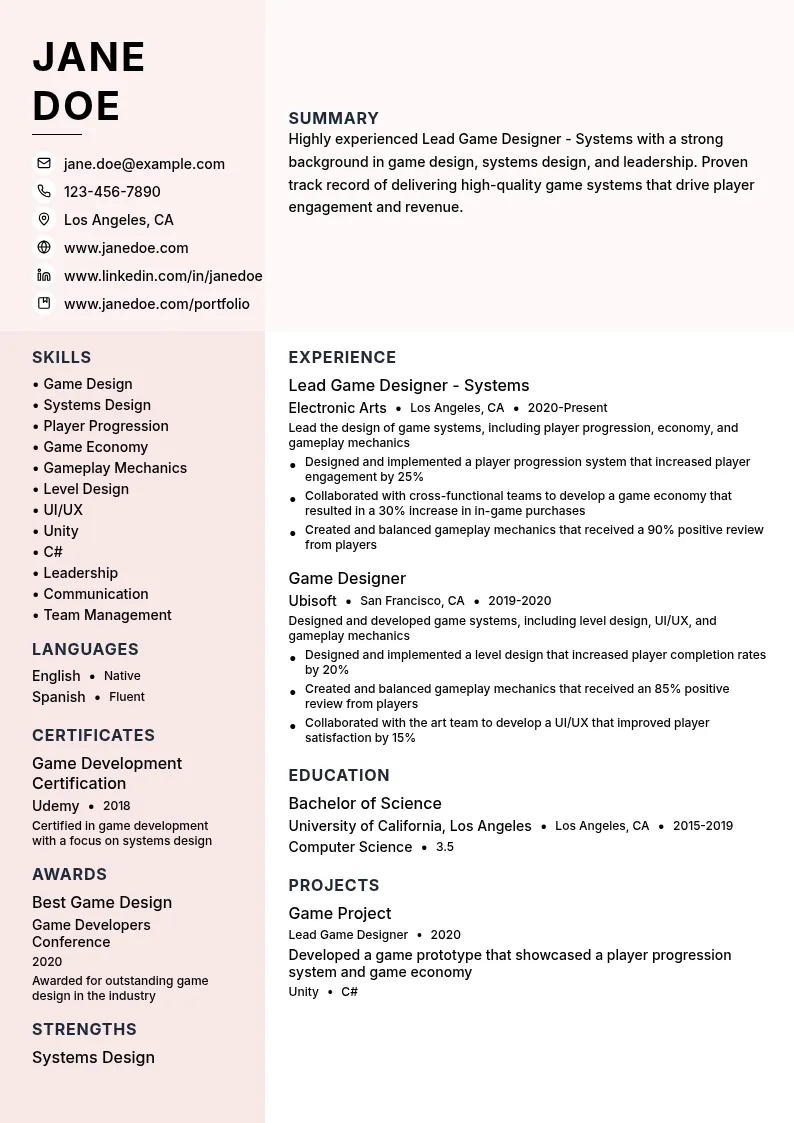 Lead Game Designer - Systems resume example