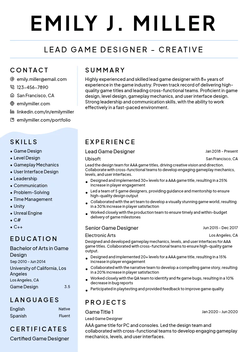 Lead Game Designer - Creative resume example