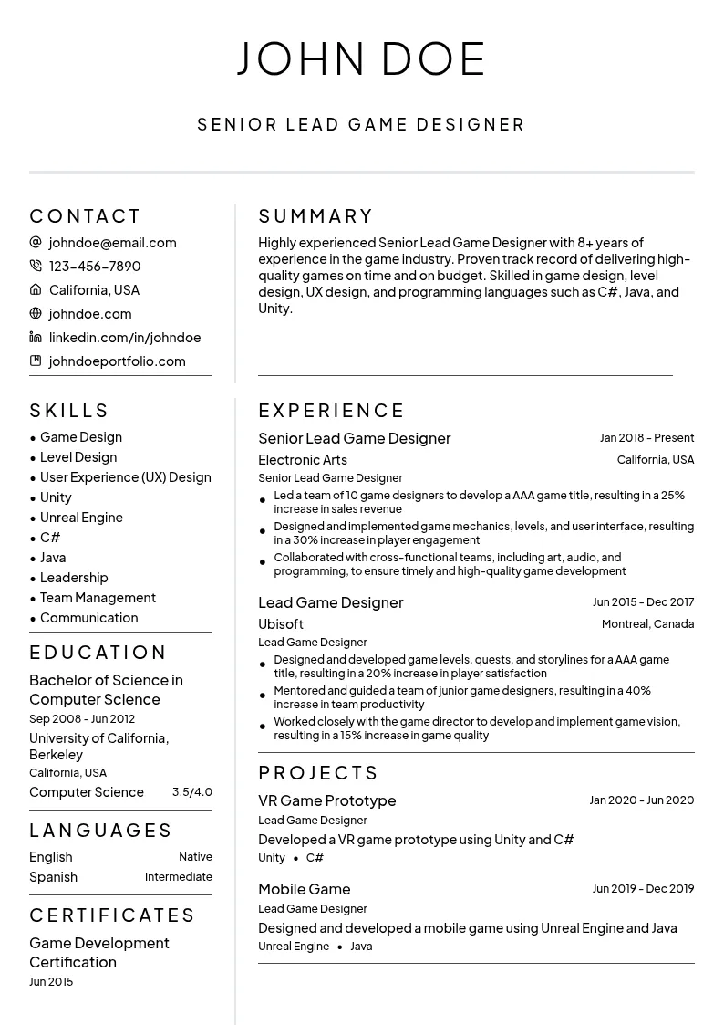 Senior Lead Game Designer resume example