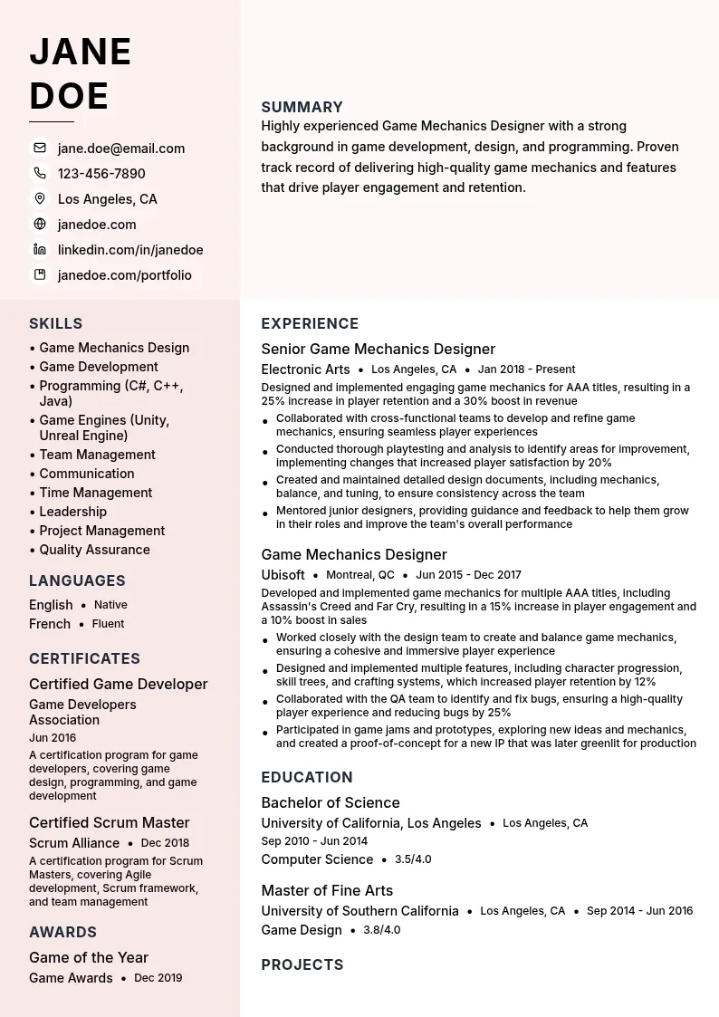 Game Mechanics Designer resume example