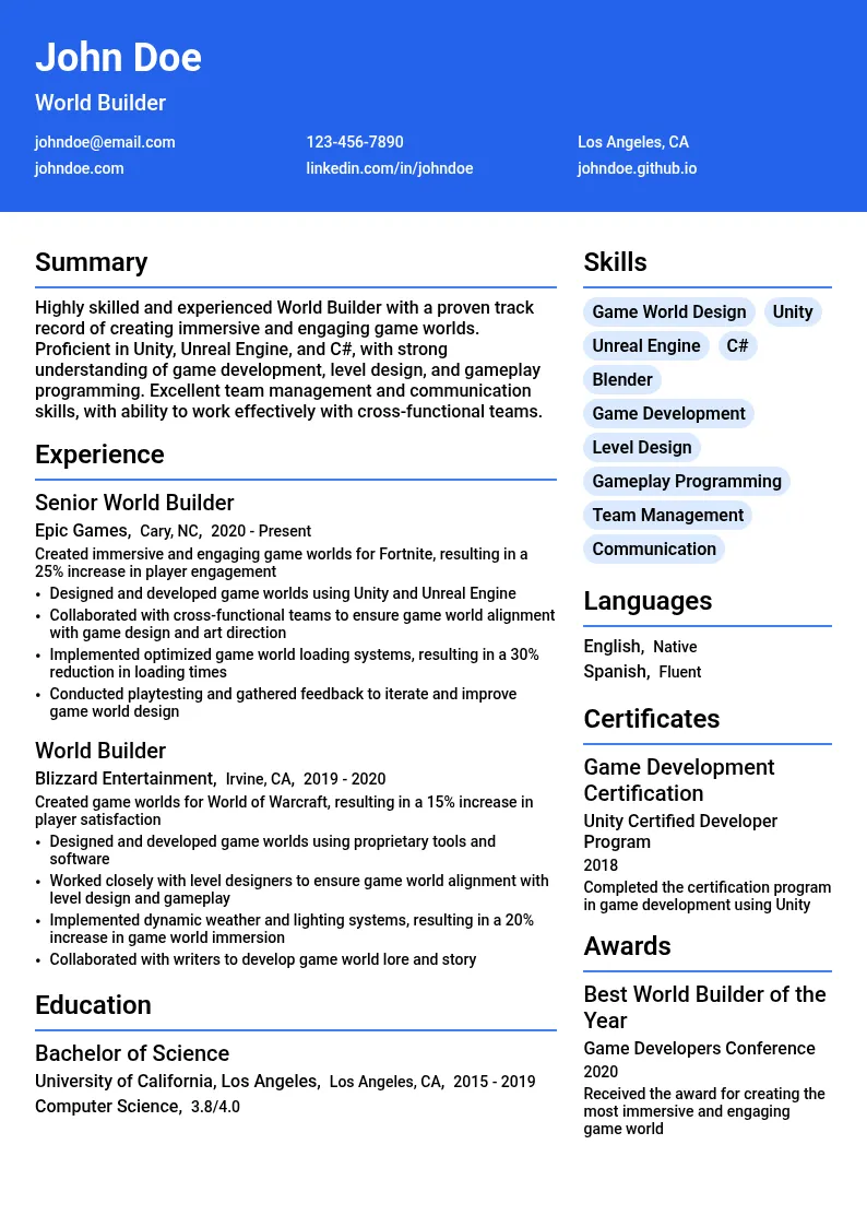 World Builder resume example