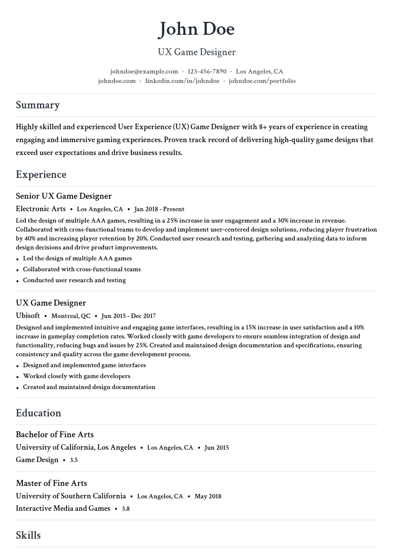 User Experience (UX) Game Designer resume example