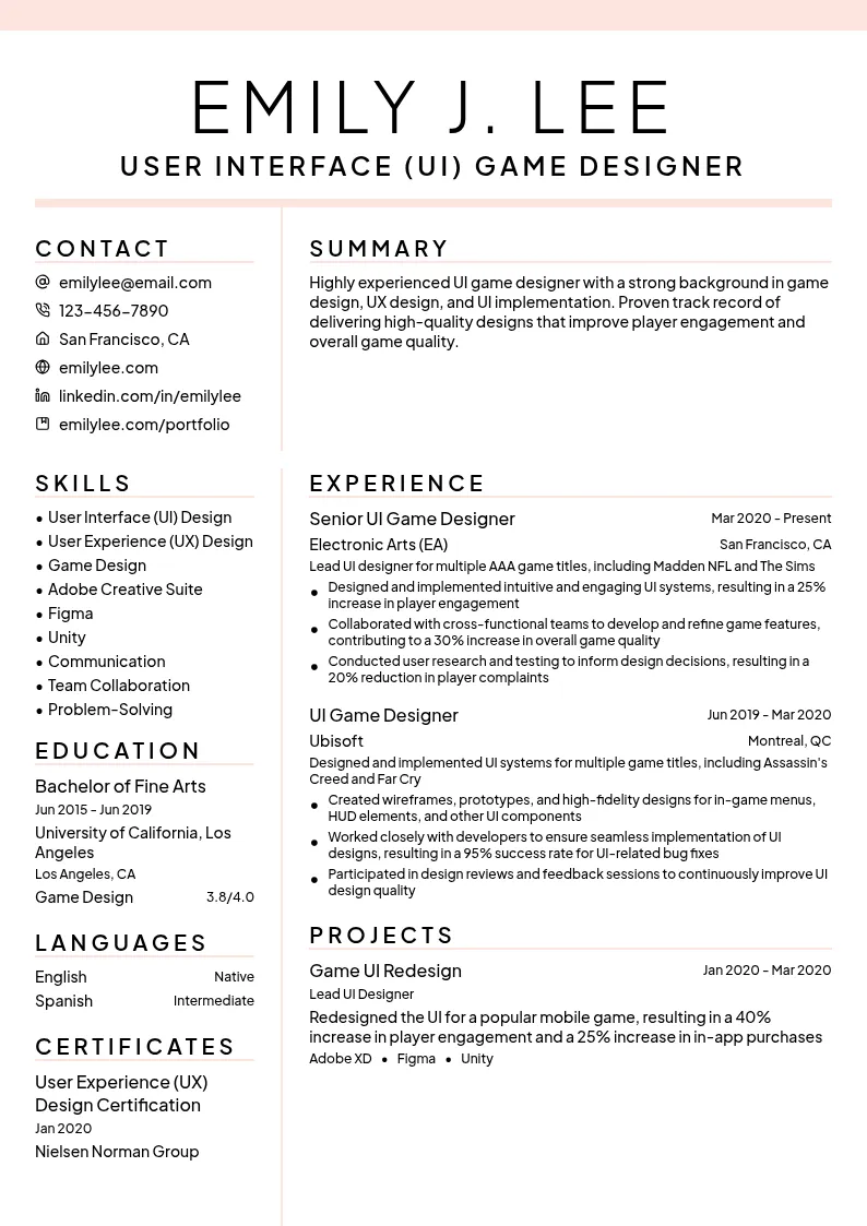 User Interface (UI) Game Designer resume example