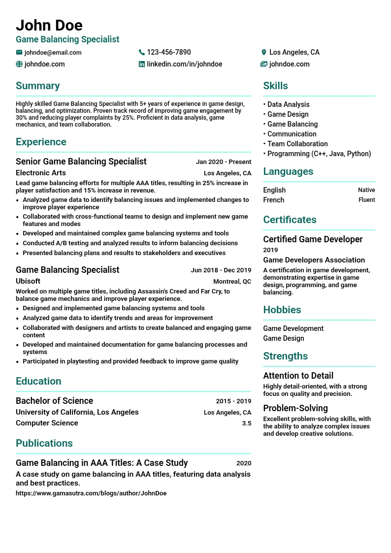 Game Balancing Specialist resume example