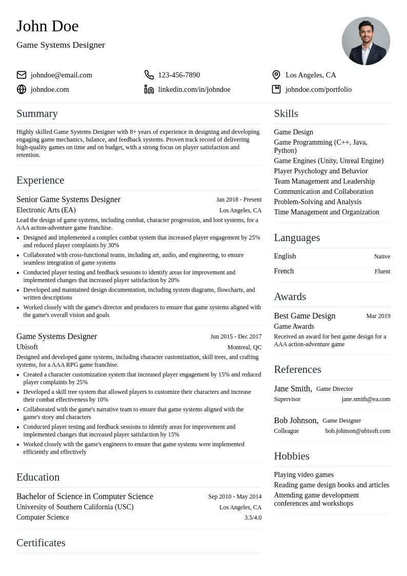Game Systems Designer resume example