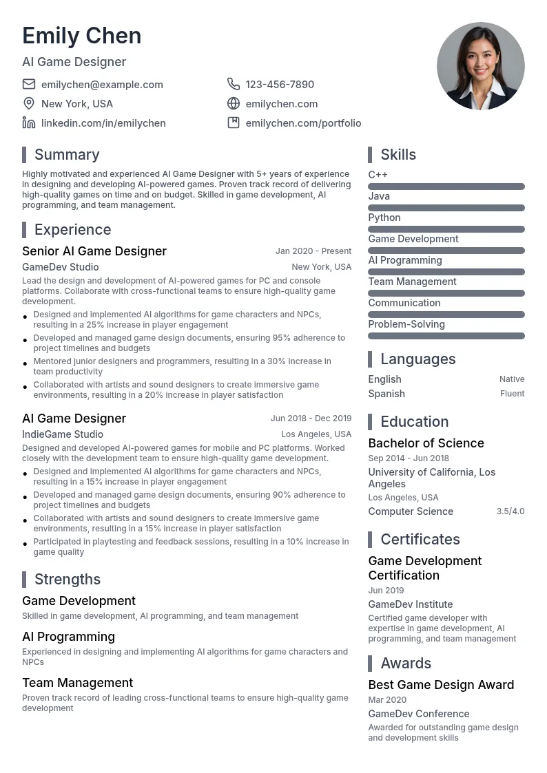 AI Game Designer resume example