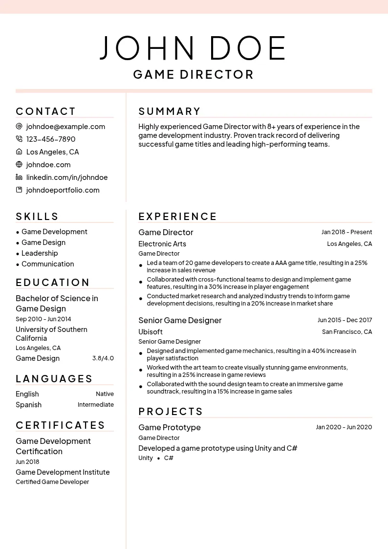 Game Director resume example