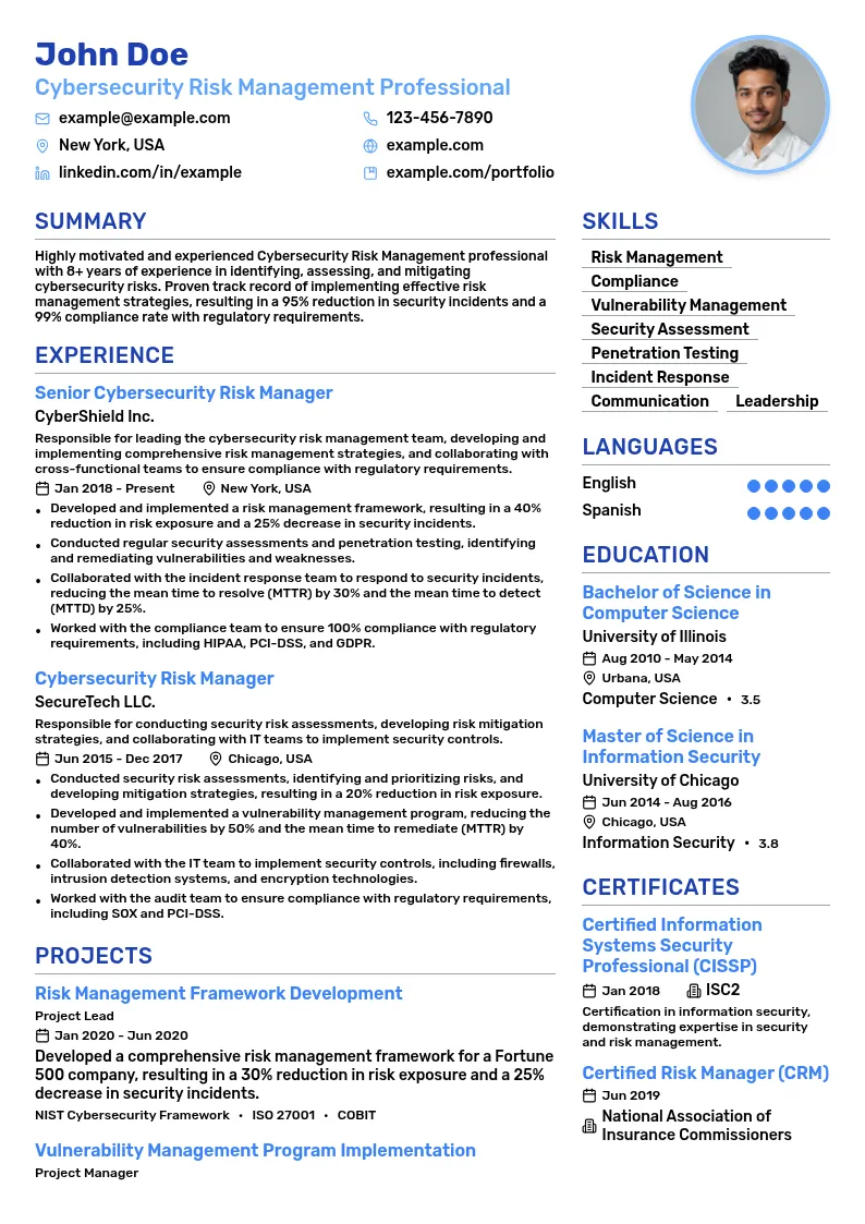 Cybersecurity Risk Management resume example
