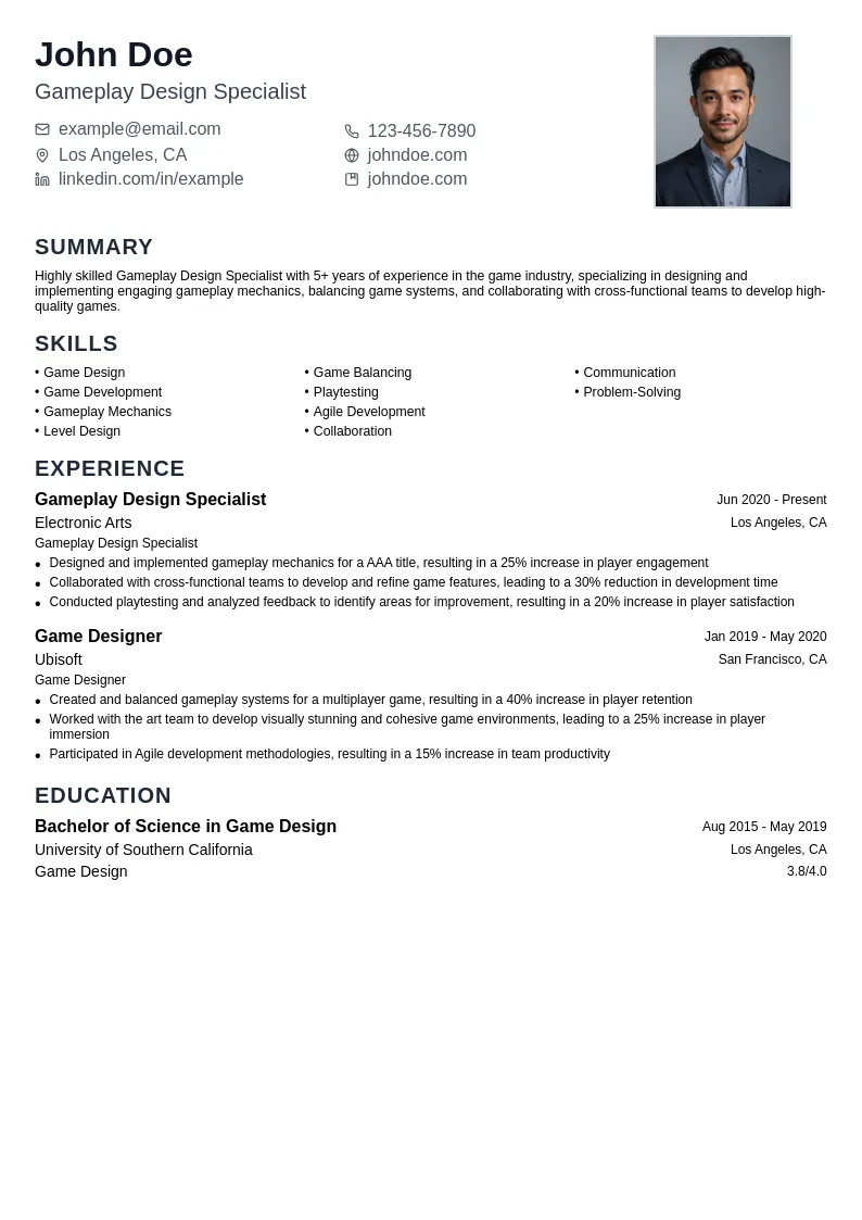 Gameplay Design Specialist resume example