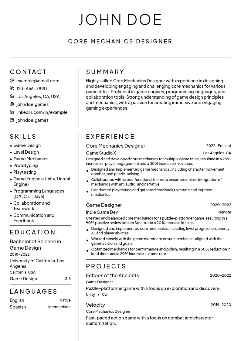 Core Mechanics Designer resume example