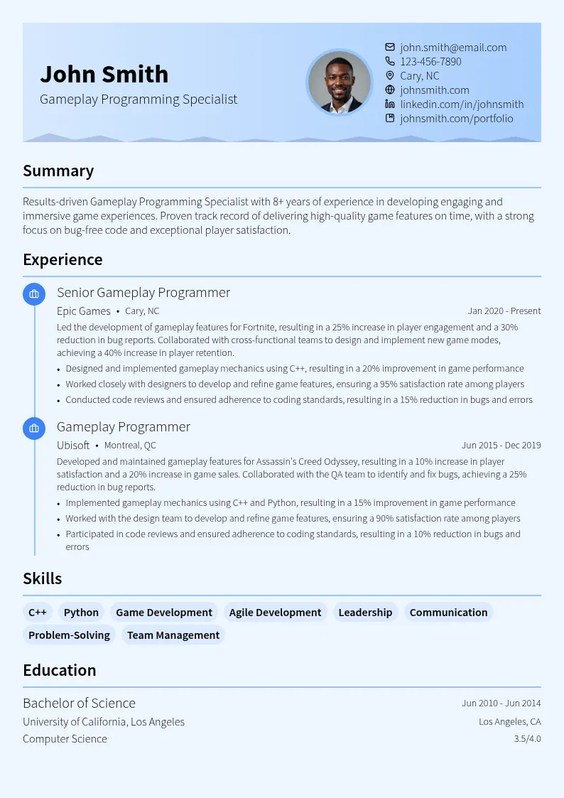Gameplay Programming Specialist resume example