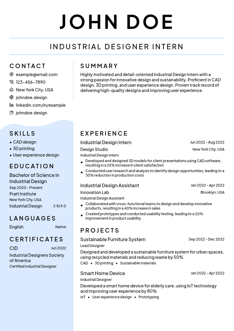 Industrial Designer Intern resume example