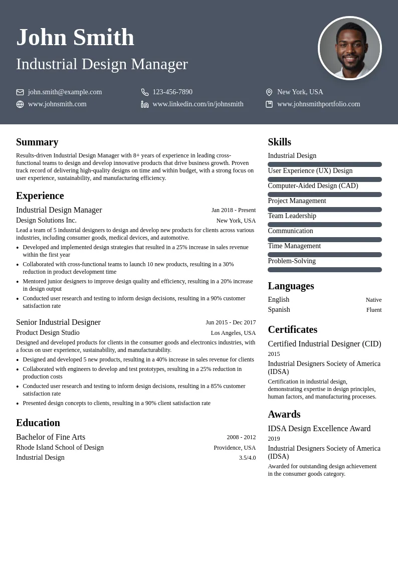 Industrial Design Manager resume example