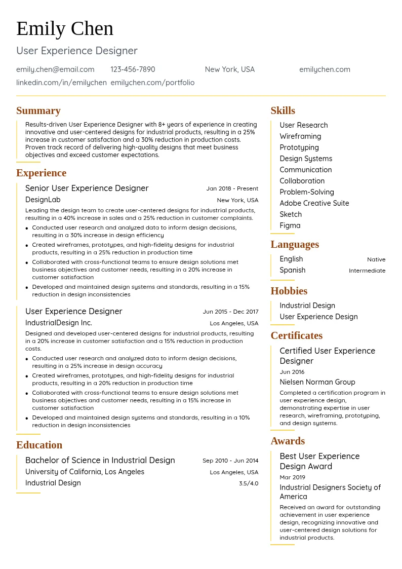 User Experience Design resume example